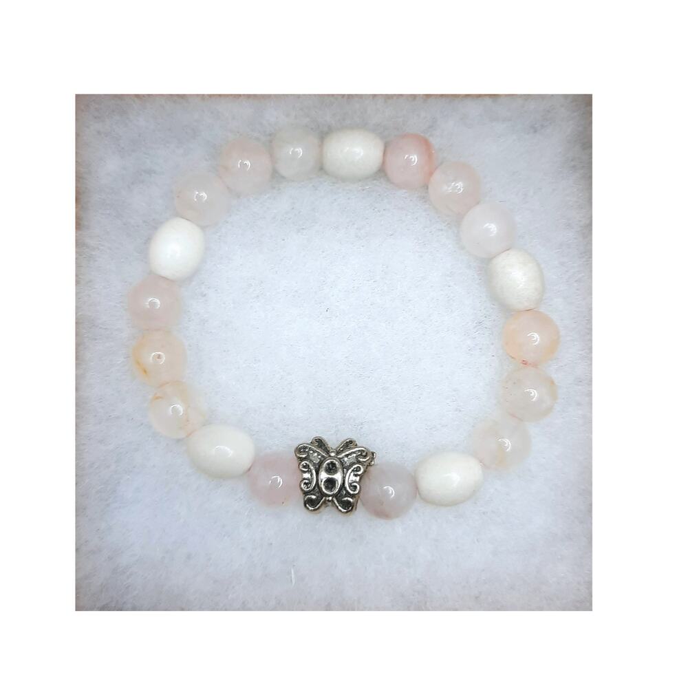 Artisan Rose Quartz Beaded Bracelet Butterfly Silver Charm Soft Pink Gemstone